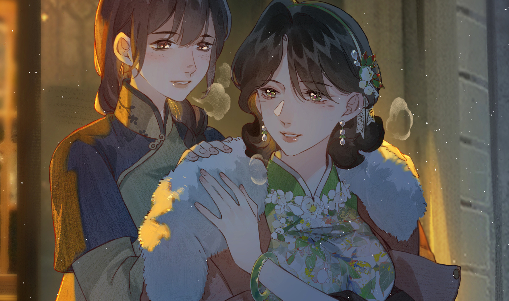 The woman in the green qipao and her short-haired friend at a party