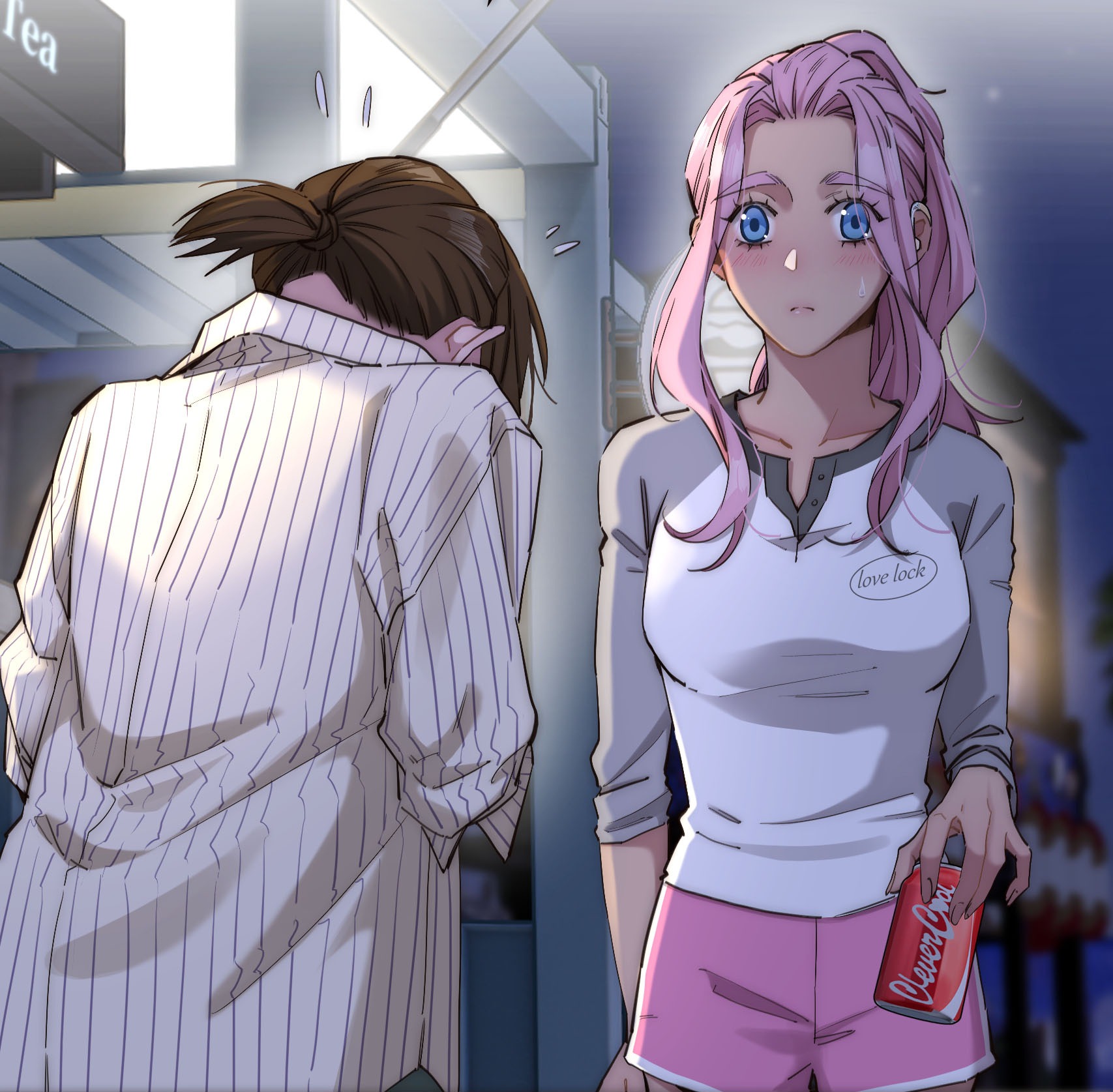 Ari holds a can of Coke while the protagonist bows in an awkward apology.