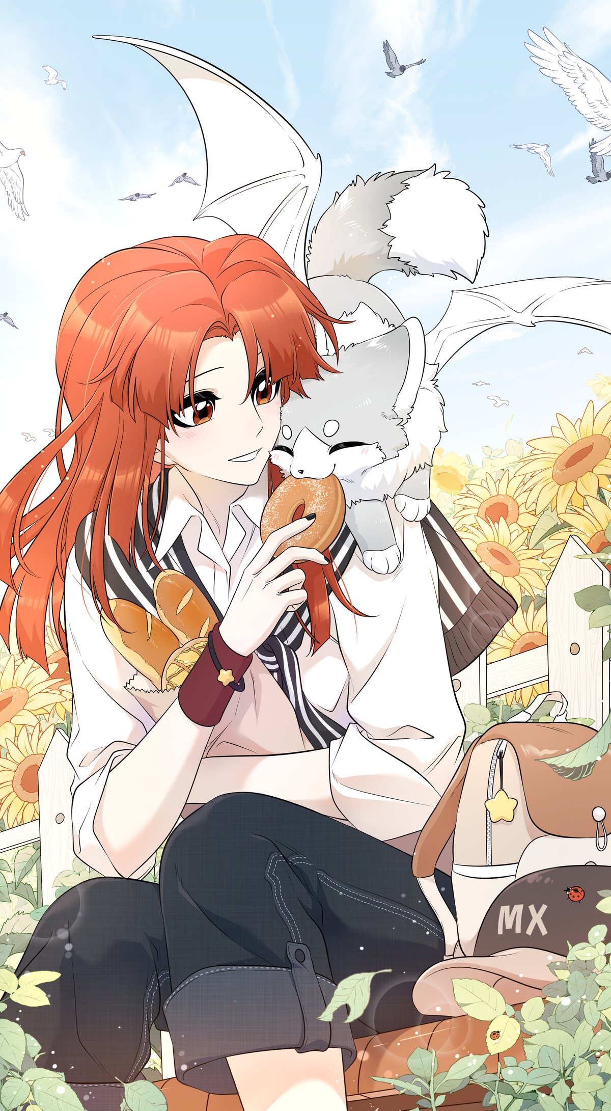 Maria shares bread with Xing Lan, in wolf form on her shoulder, among sunflowers, Official art of My Food Looks Very Cute