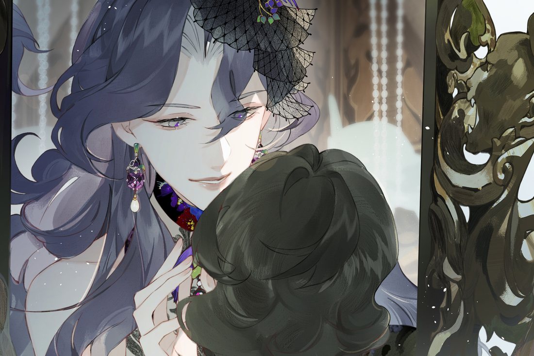 Clandestine Affair: papillon leans close behind Bai Yuetao inside a carved mirror frame