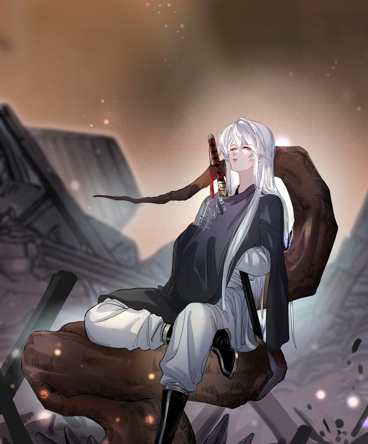 Ji Linxue asleep, sitting up among the ruins with her sabre at her shoulder