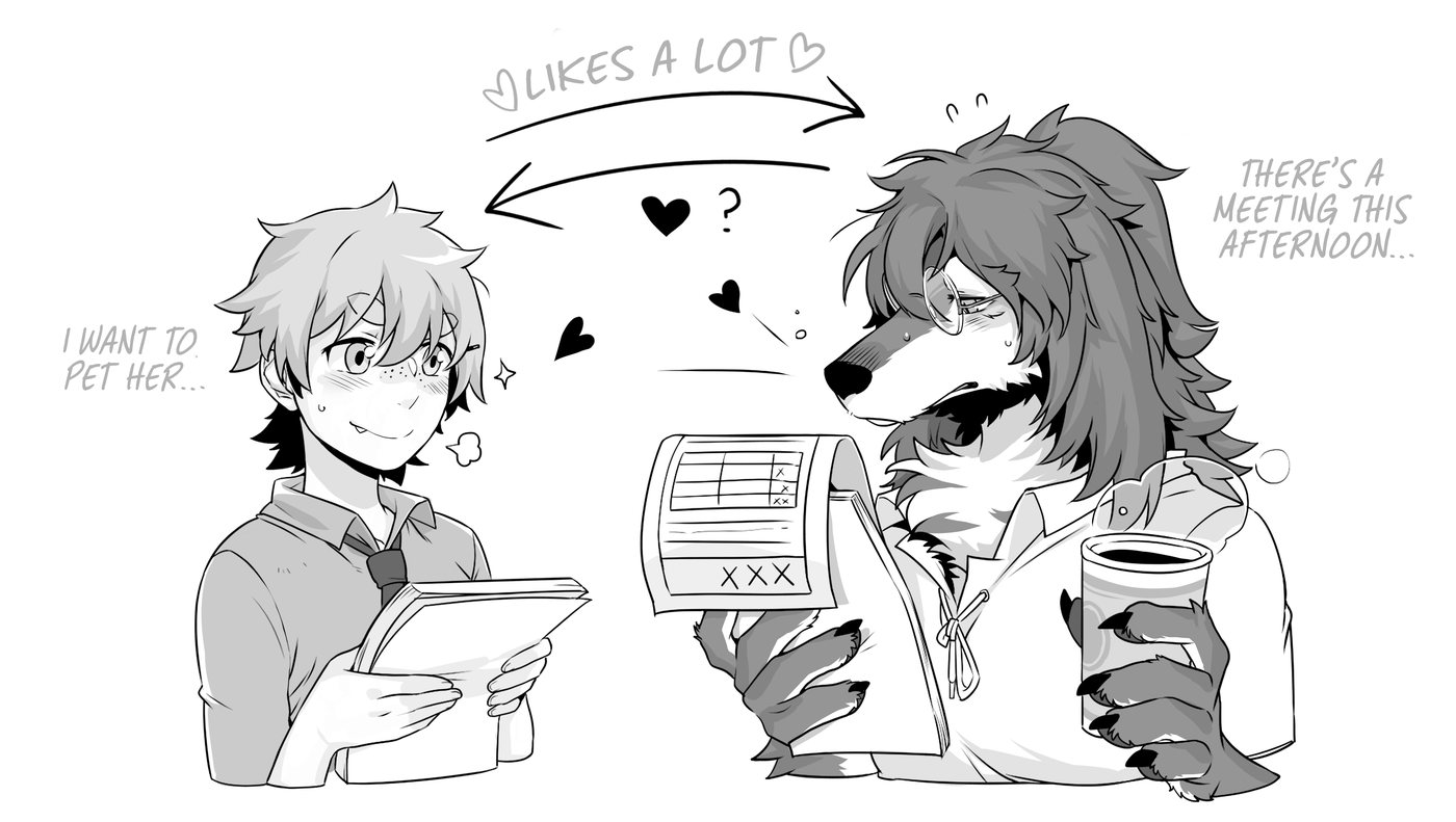 Chapter 1 character card: Sun Yunshan with a notebook, Chen Yue, a Saluki beastkin, with a coffee and a schedule, Canine Senior and Dog Junior Chapter 1