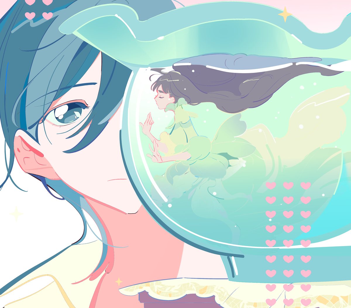 A girl floats inside a goldfish bowl beside a large face, Ch. 18 cover of Remaking of the Unforgotten Love