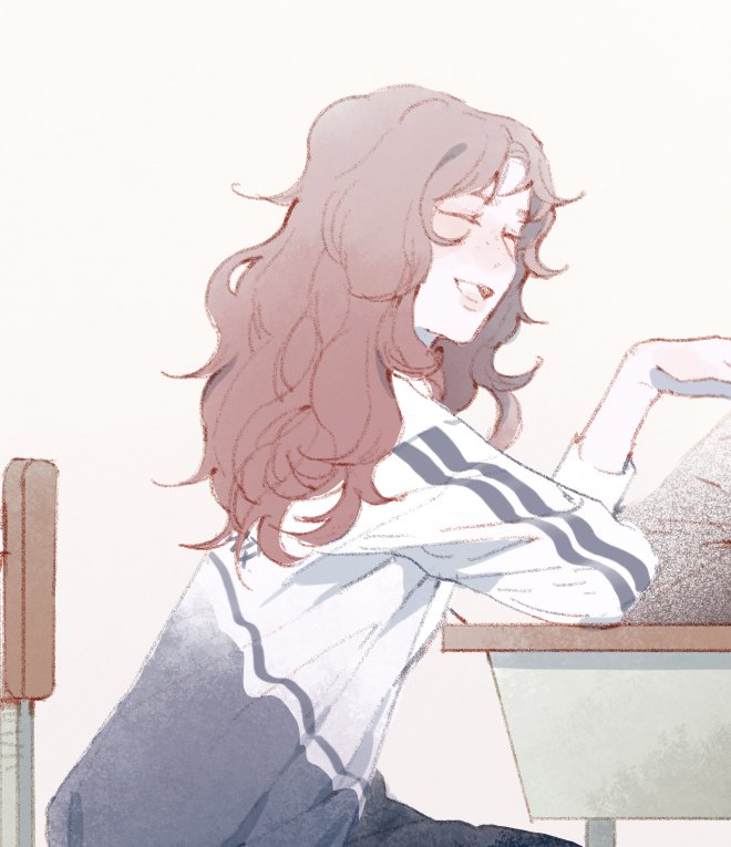 Tang Guan laughing at her school desk