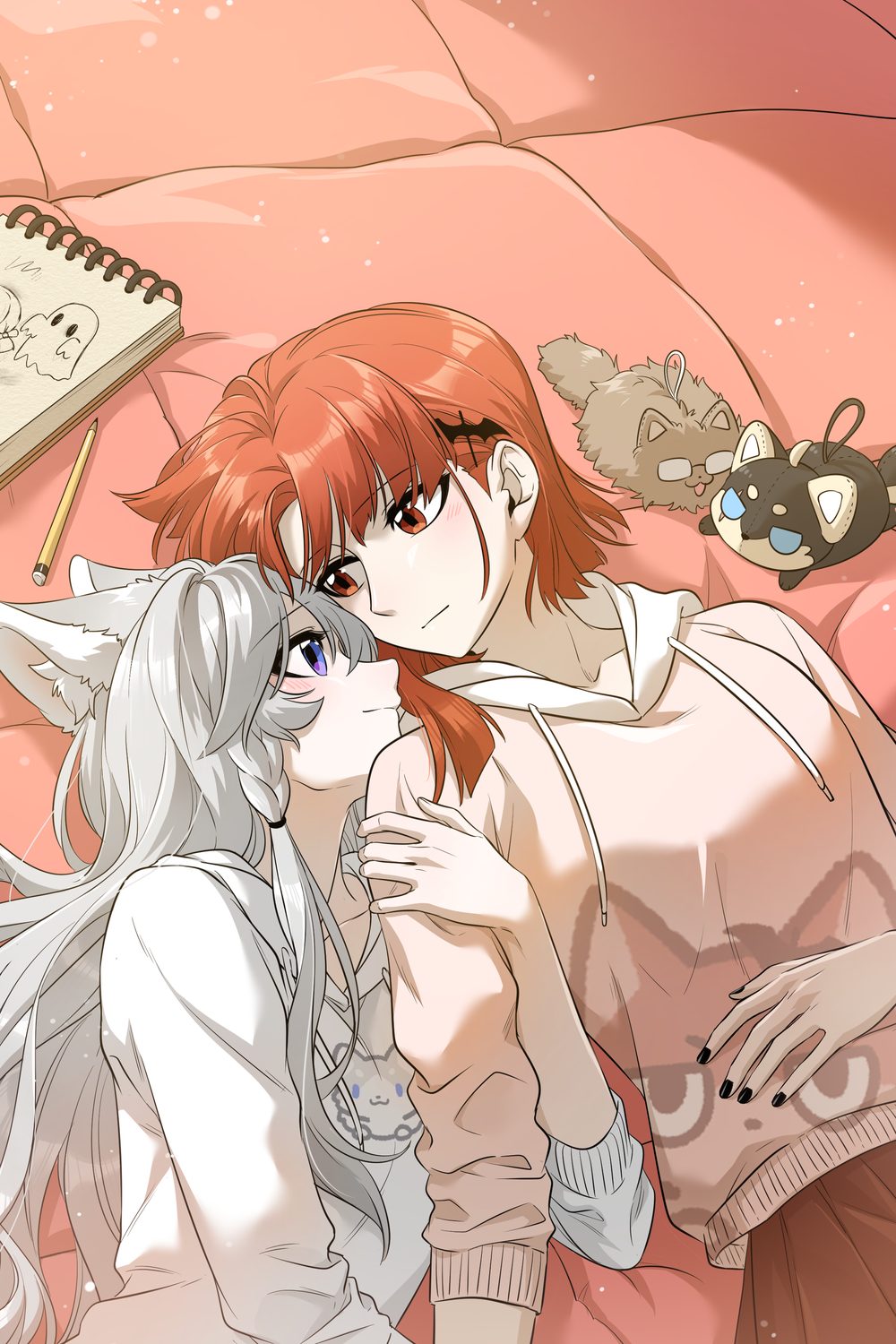 Maria and Xing Lan in soft sweaters, curled up together on a coral sofa, official art of My Food Looks Very Cute