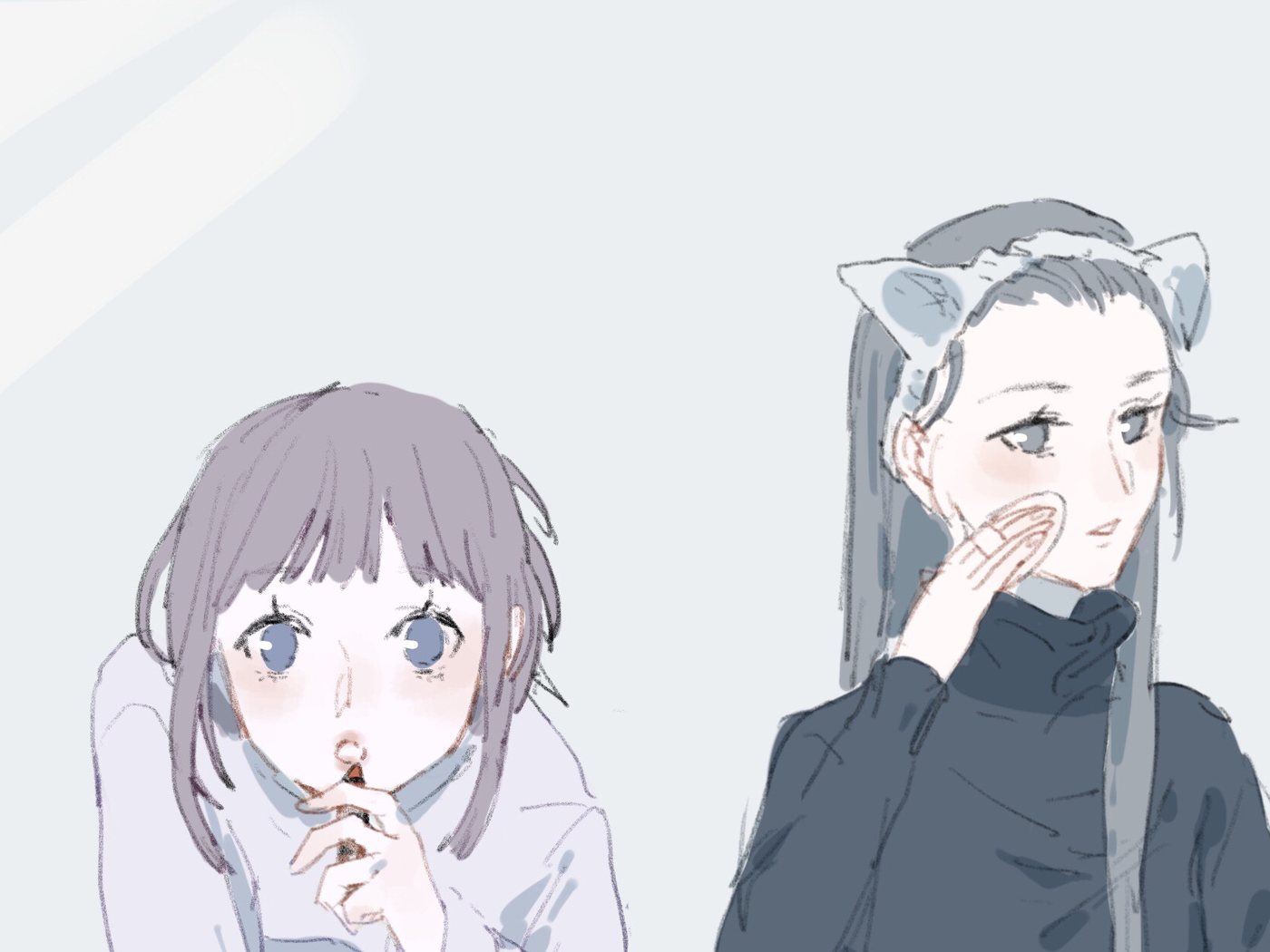 Nan Xing and Ban Xia try on lipstick side by side at the mirror, No. 6 of Wolf x Rabbit