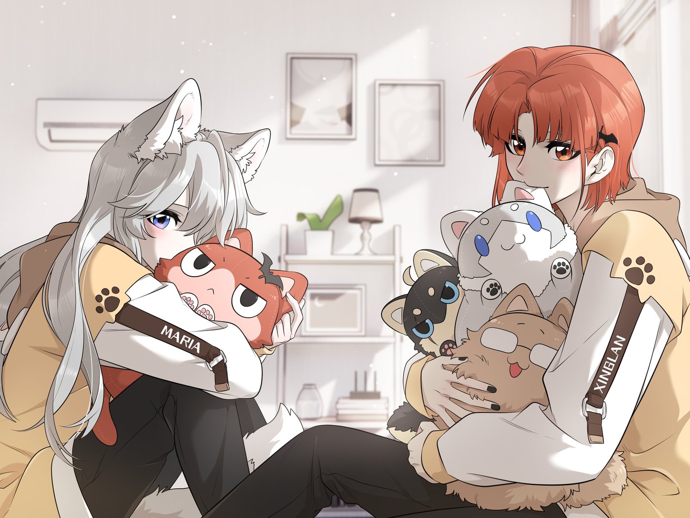 Maria and Xing Lan curled up at home in matching hoodies, holding plush toys, Promo art of My Food Looks Very Cute