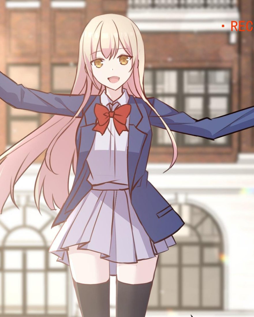 Xinghuo with her arms spread outside a brick school building, Seeing Xinghuo Again