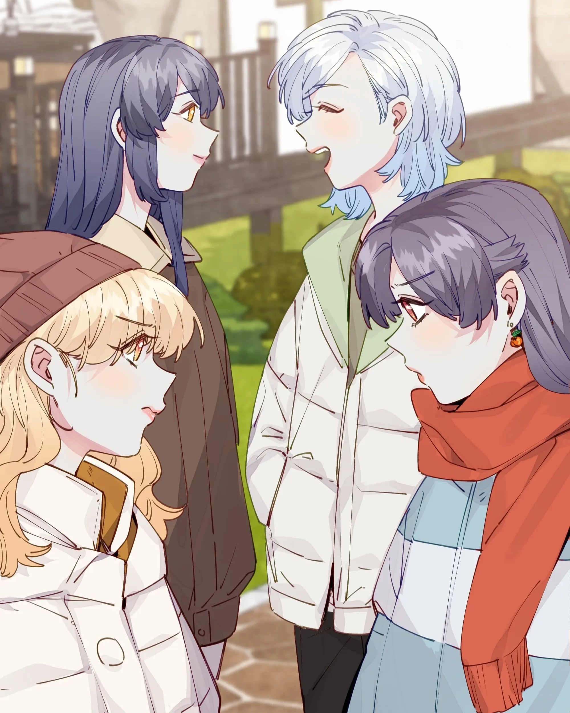 Four Straight Girl Trap characters standing together in a tense group scene.