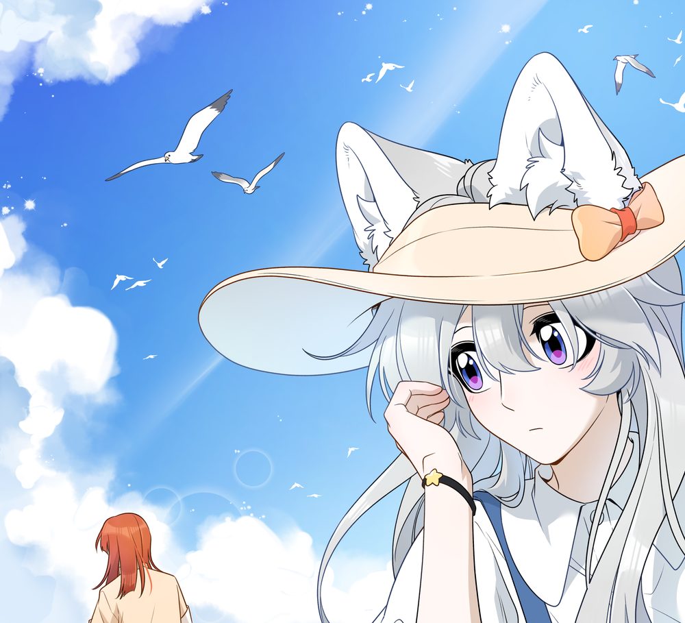 Xing Lan in a sun hat on the beach, Maria walking toward the sea behind her, official art of My Food Looks Very Cute