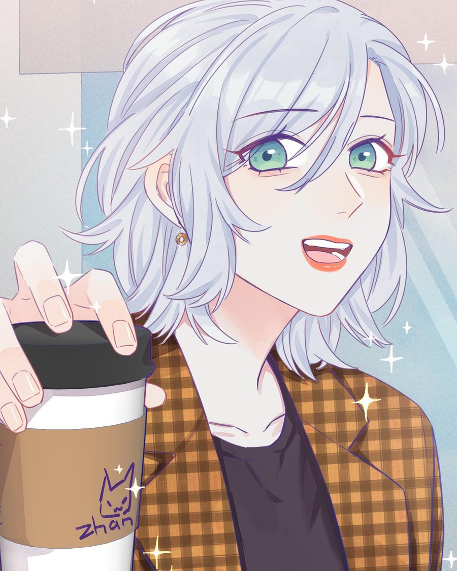 Zhou Yuanyou laughing, holding out a coffee cup with Zhan written on it
