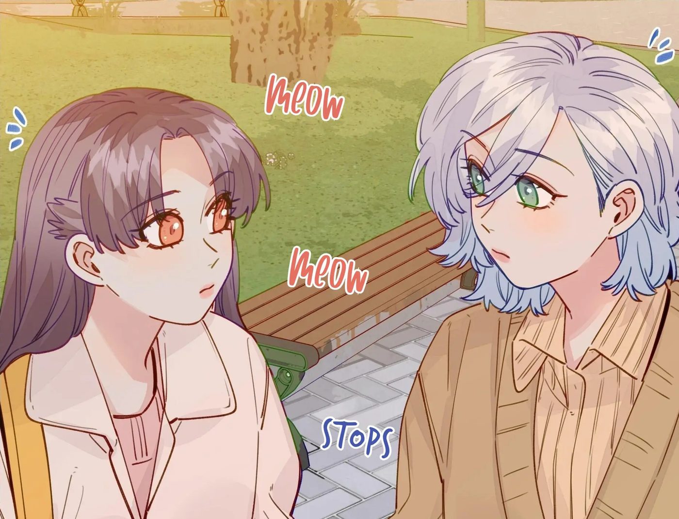 Zhou Yuanyou and Zhan Ying by a park bench, watching a cat, Straight Girl Trap Chapter 132