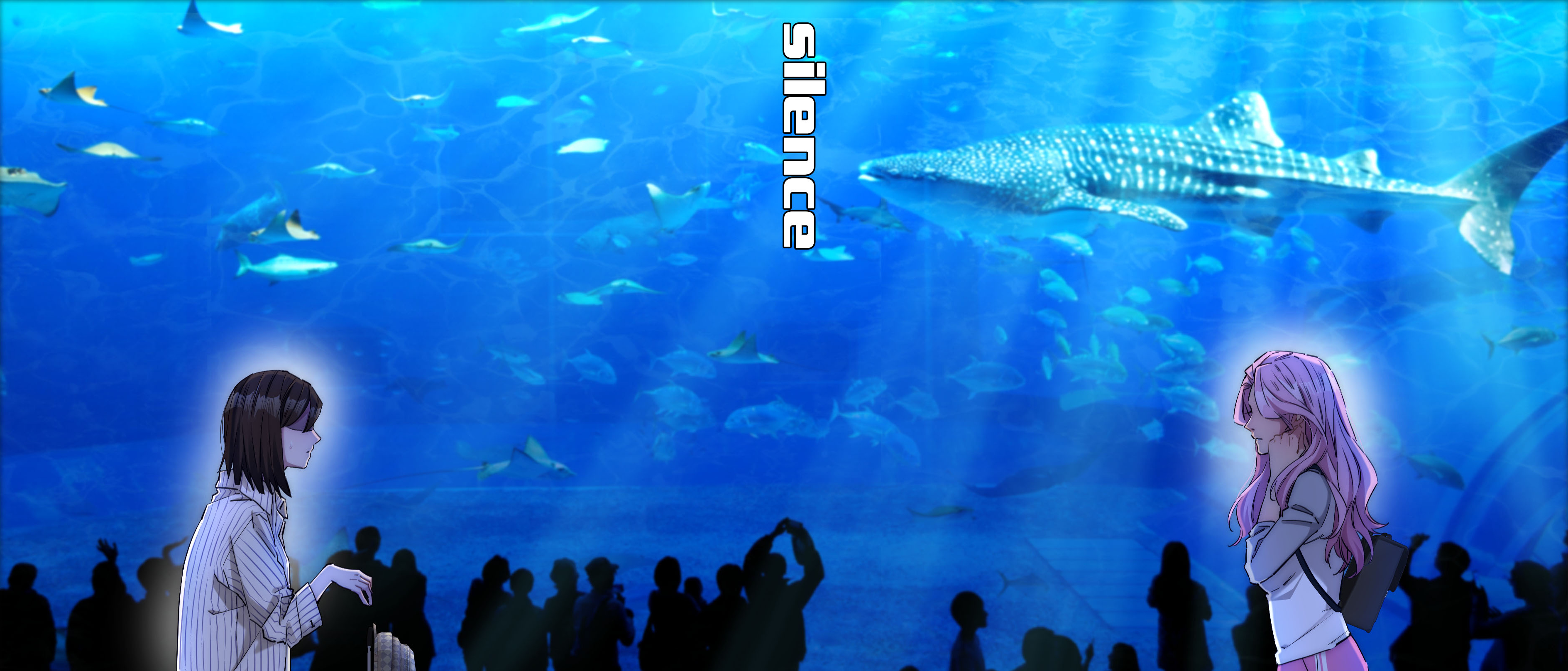 A blue aquarium panorama frames two women at opposite edges while a crowd watches the tank.