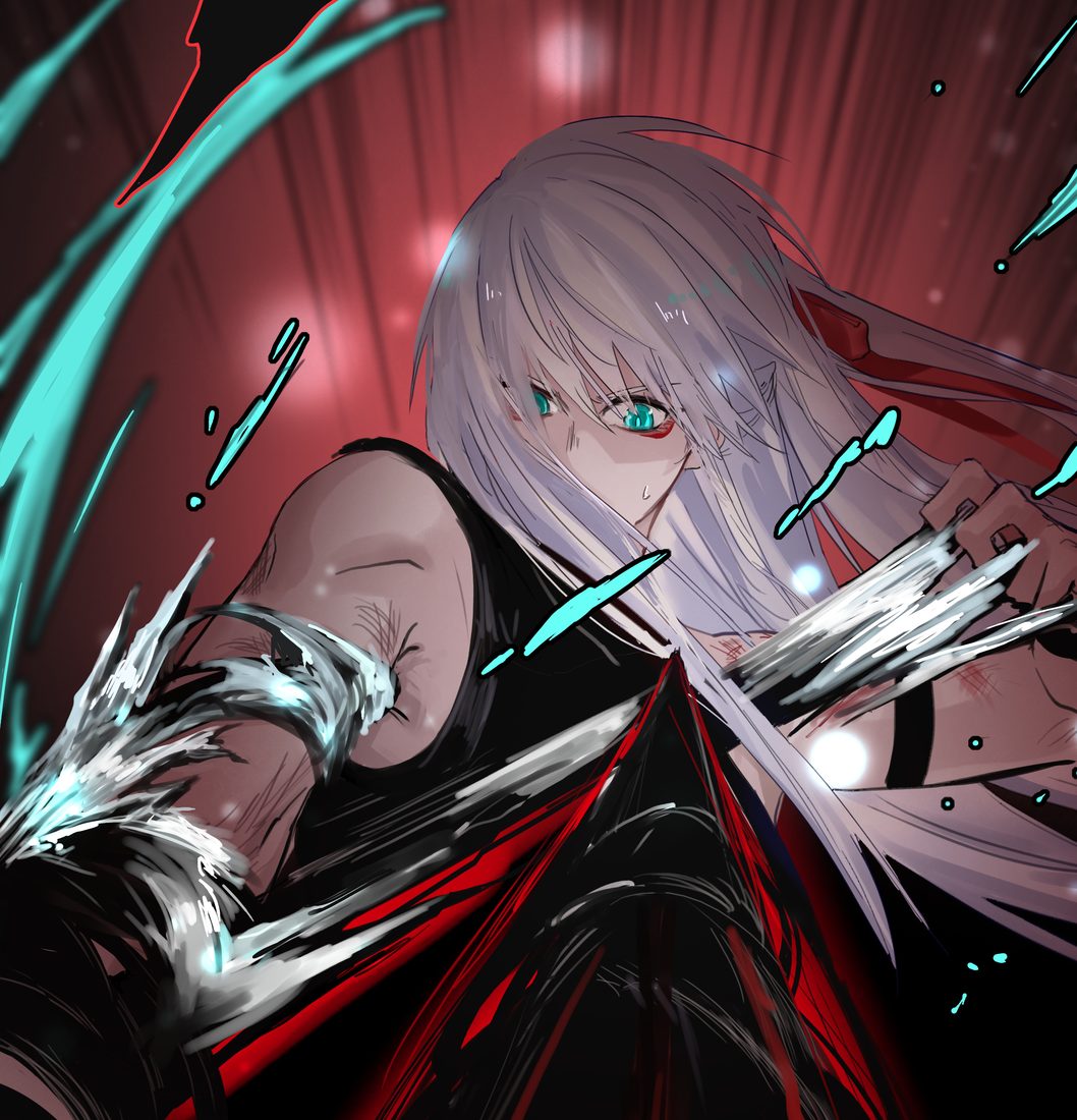 Ji Linxue mid-fight, cyan and red sword light around her