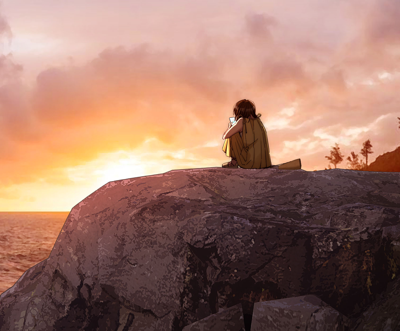 The protagonist sits alone on a coastal rock at sunset, looking at her phone.