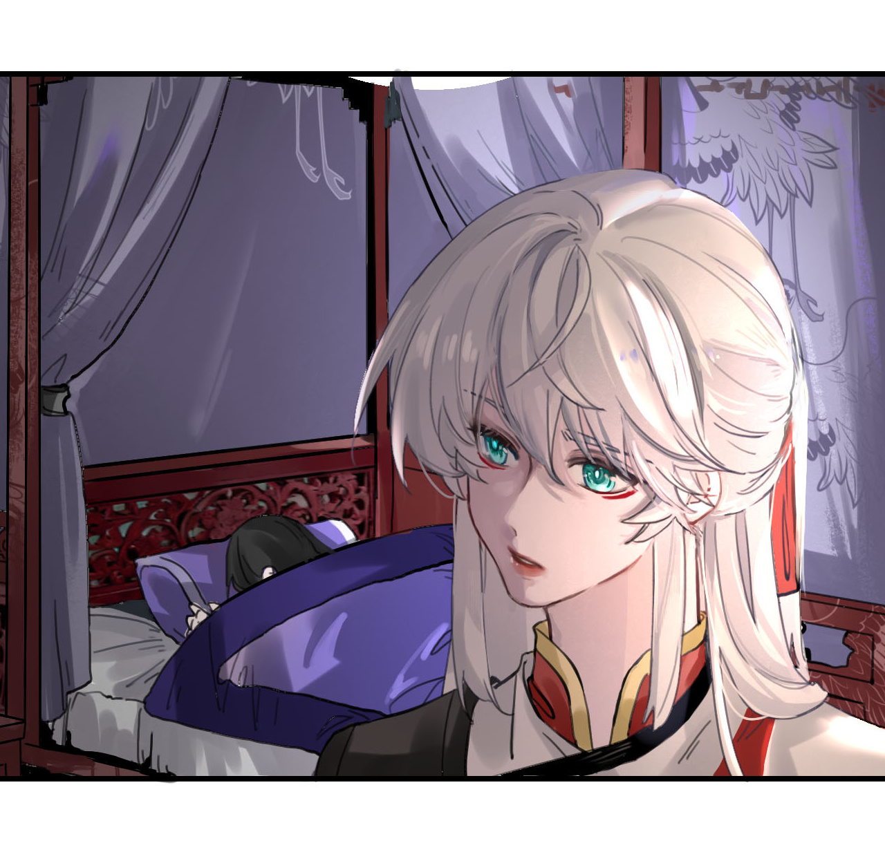 A white-haired shijie looks back at her sleeping shimei beside a bed.