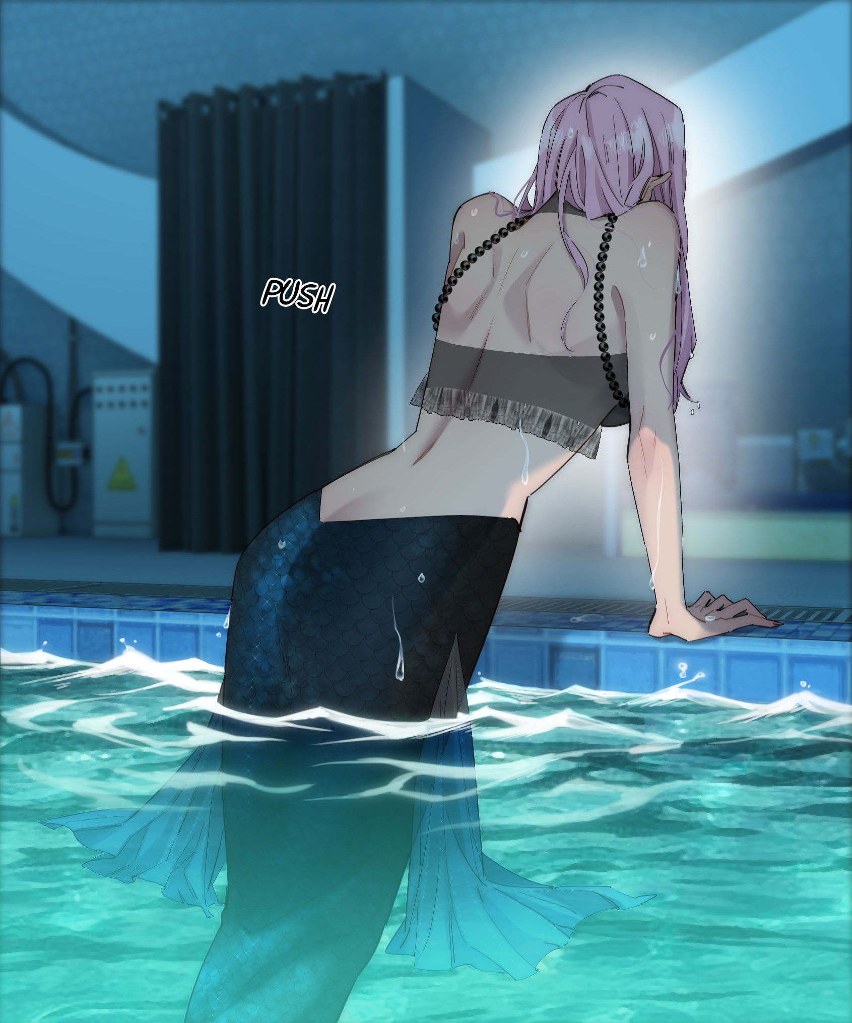 Ari rises from a swimming pool in a dark scaled mermaid tail as water streams from her hair and costume.