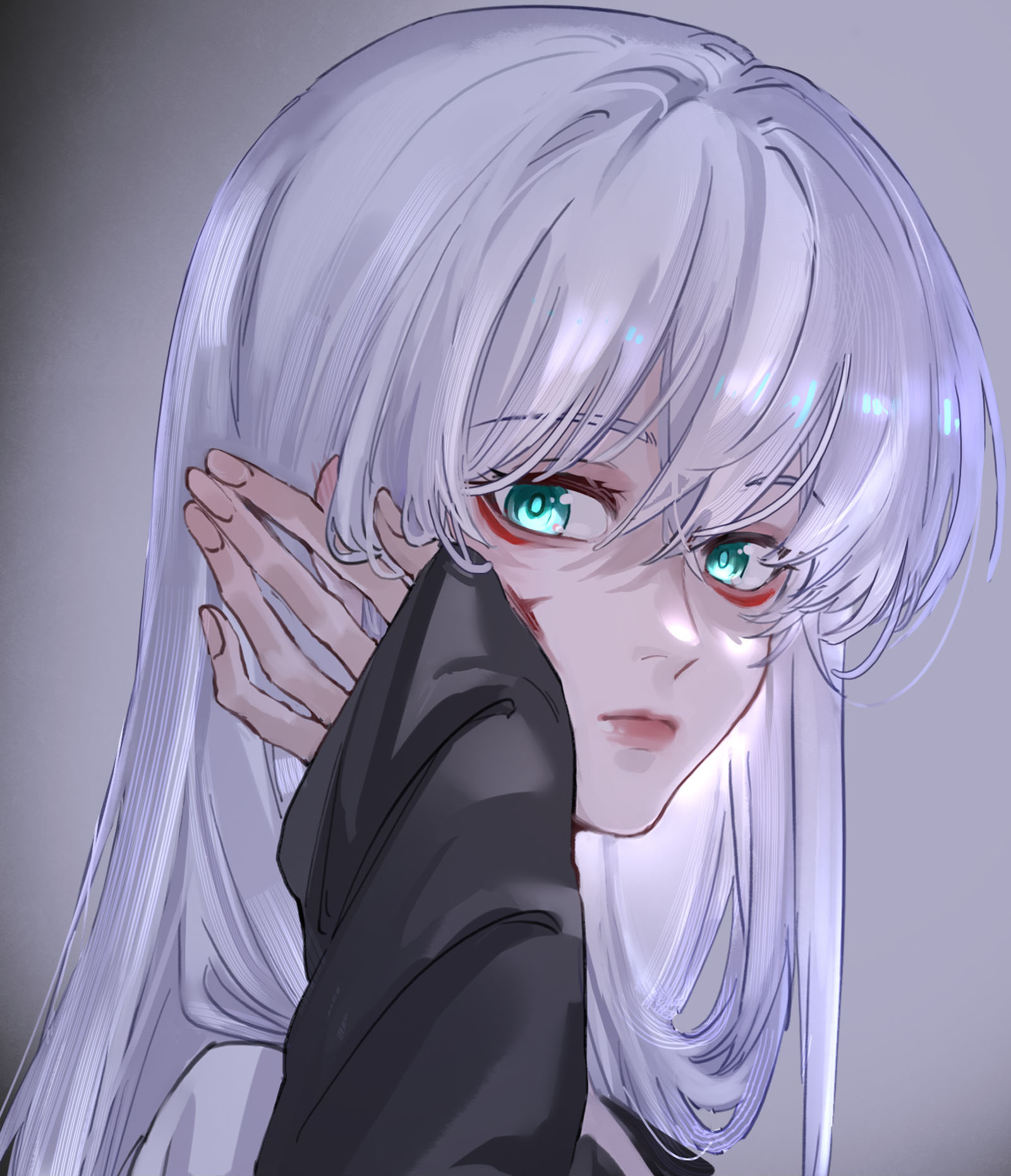 A black-haired shimei gently touches the face of her white-haired shijie.