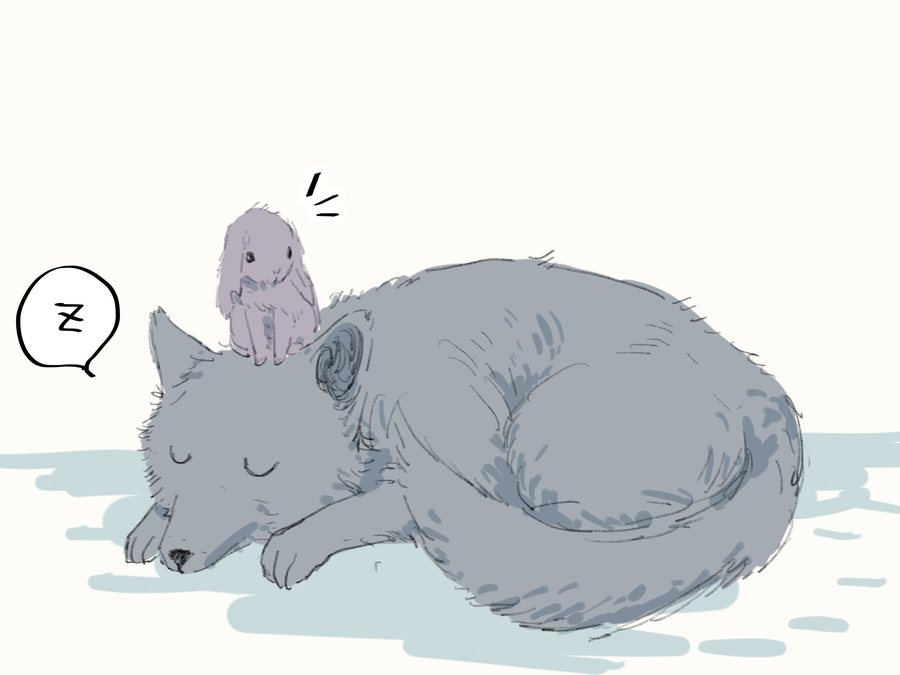 Wolf x Rabbit: nan Xing as a small rabbit sits on Ban Xia, asleep as a big gray wolf