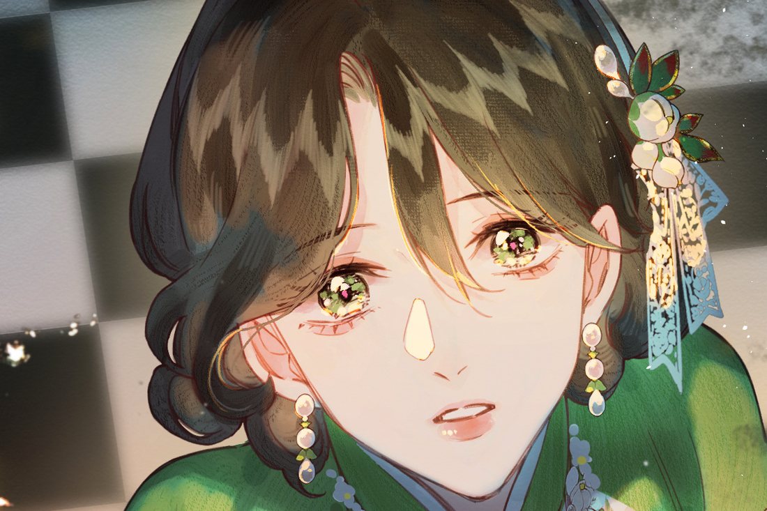 Clandestine Affair: bai Yuetao in a green qipao looks back, pearls in her hair