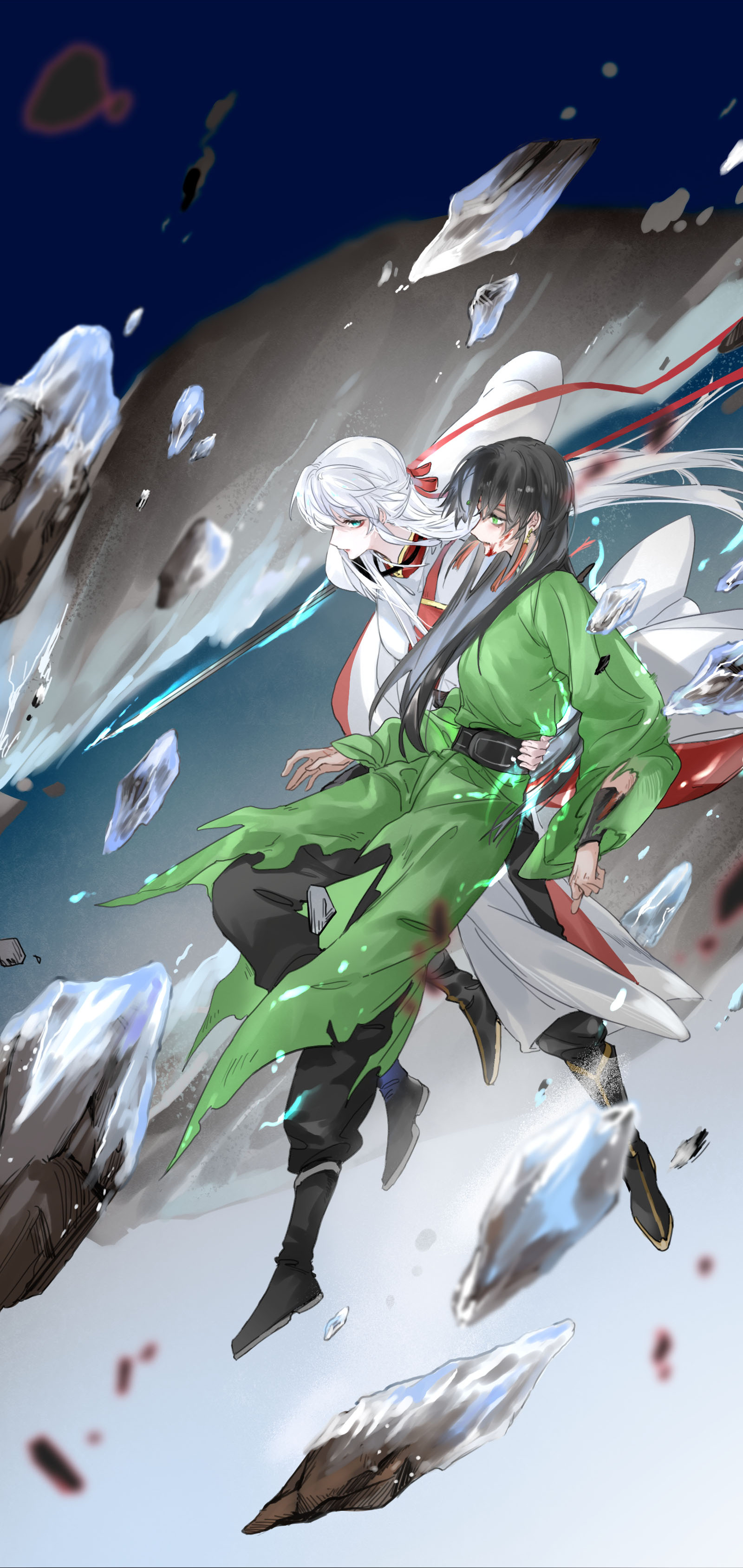 A white-haired shijie carries an injured shimei through flying rocks and ice.