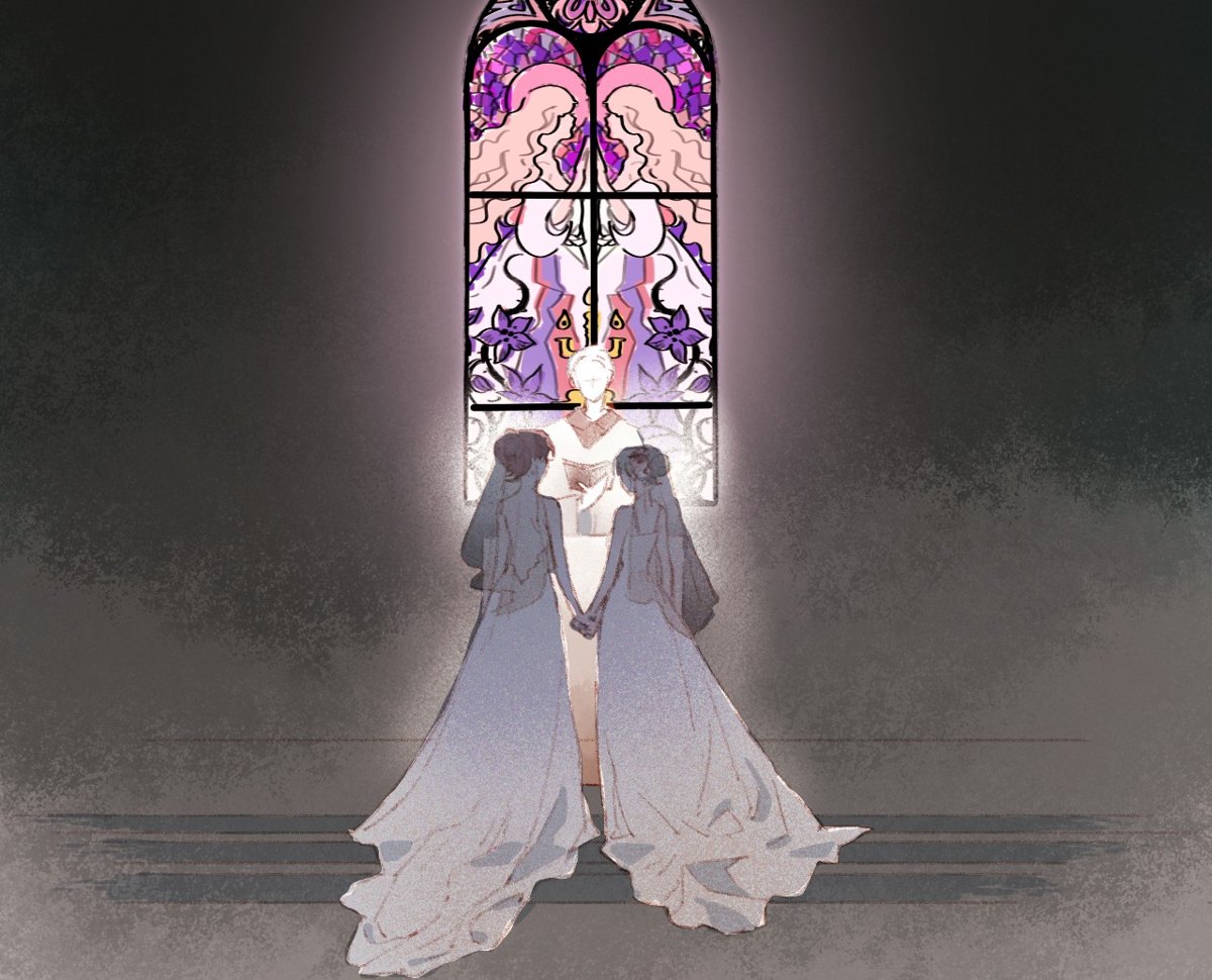 Two brides before a stained-glass window