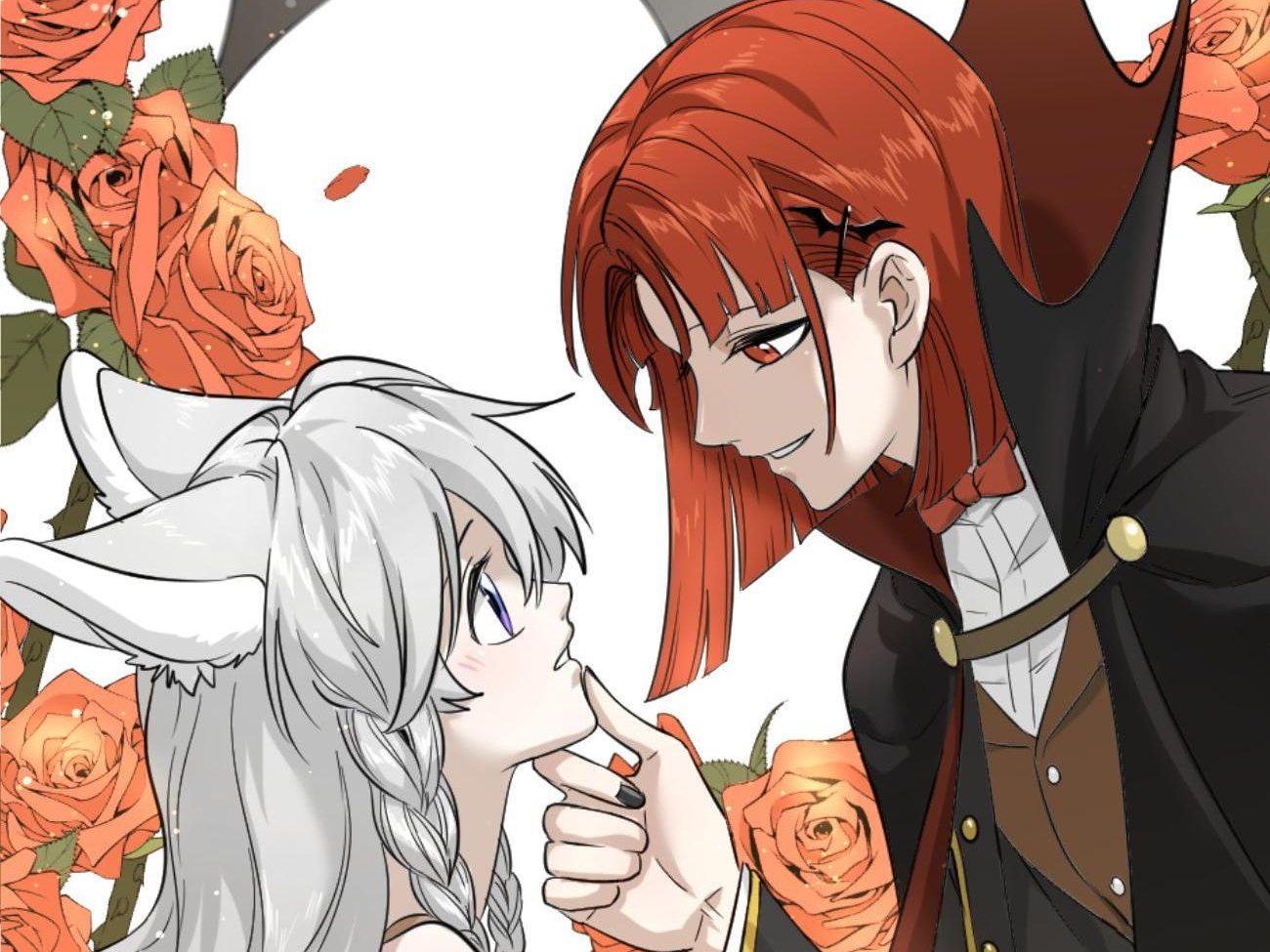 Maria in her vampire cape lifts the chin of Xing Lan, a wolf-eared girl, among orange roses, Ch. 1 of My Food Looks Very Cute