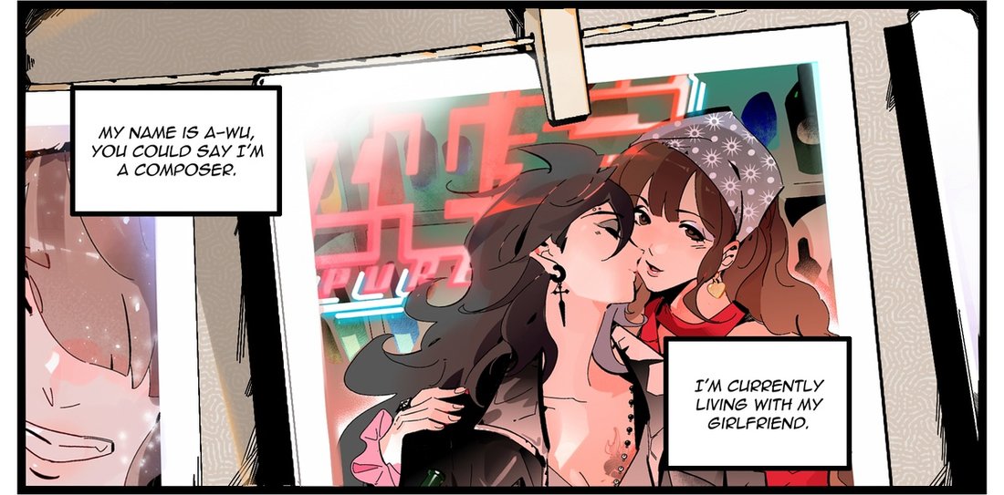 A-Wu kisses her girlfriend under a neon sign