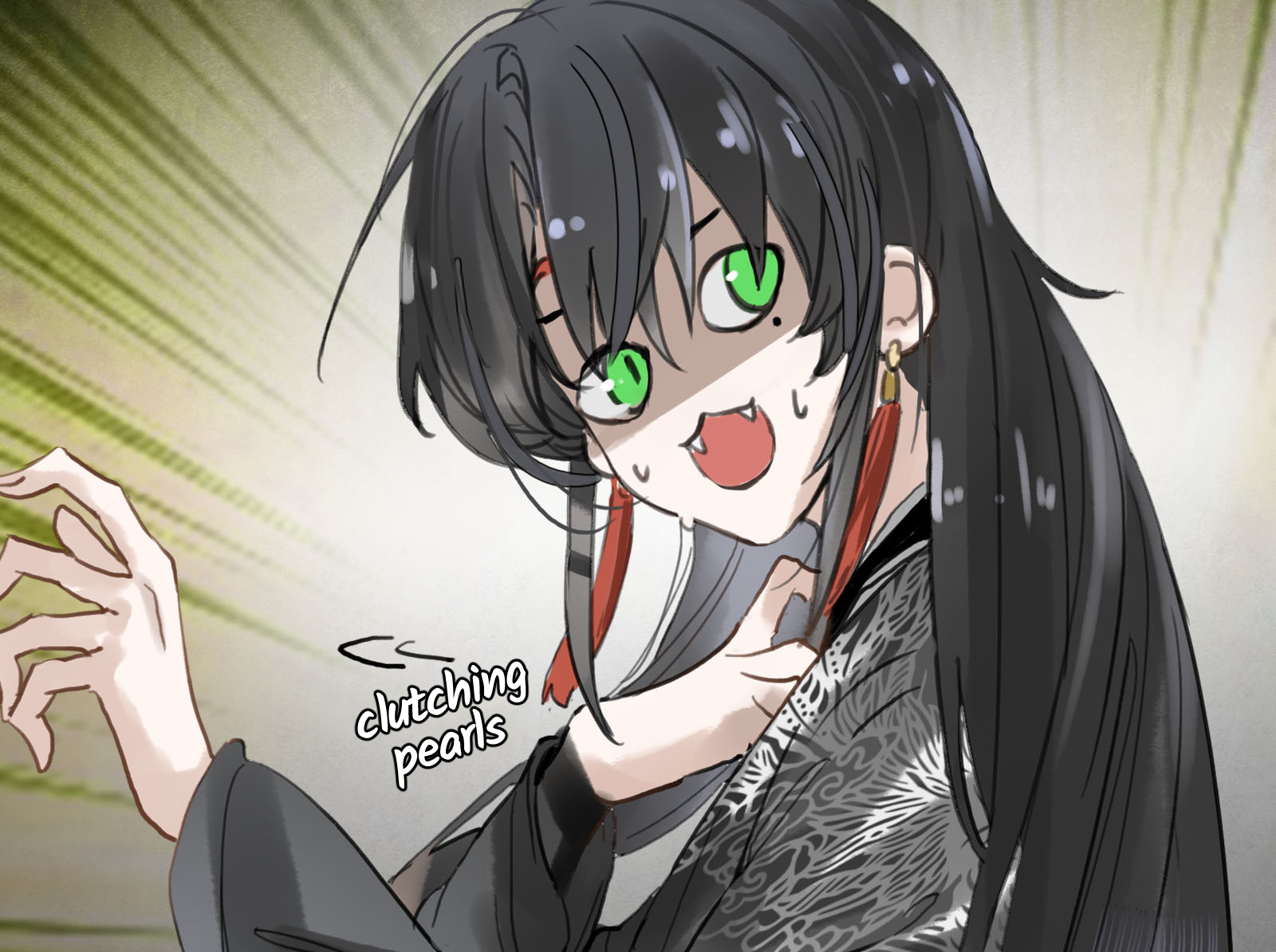 A green-eyed shimei smiles, glances sideways, and raises one hand.