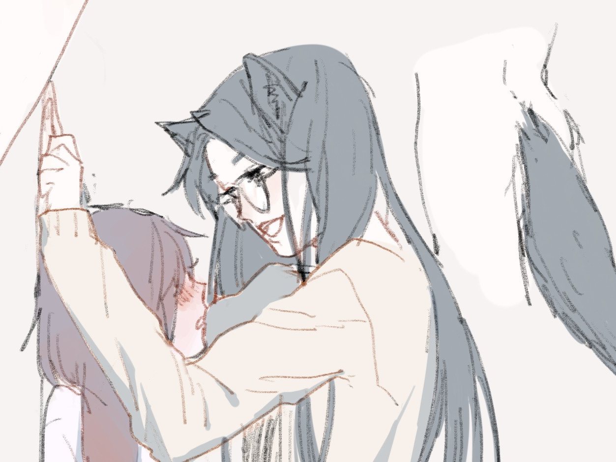 Ban Xia, wolf ears up, is hugged by Nan Xing, Character art of Wolf x Rabbit