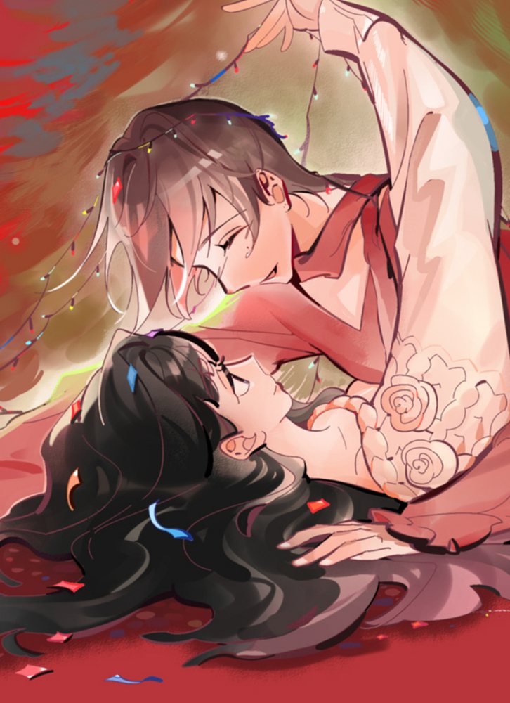Two women lying close together on red cloth under string lights, Remaking of the Unforgotten Love
