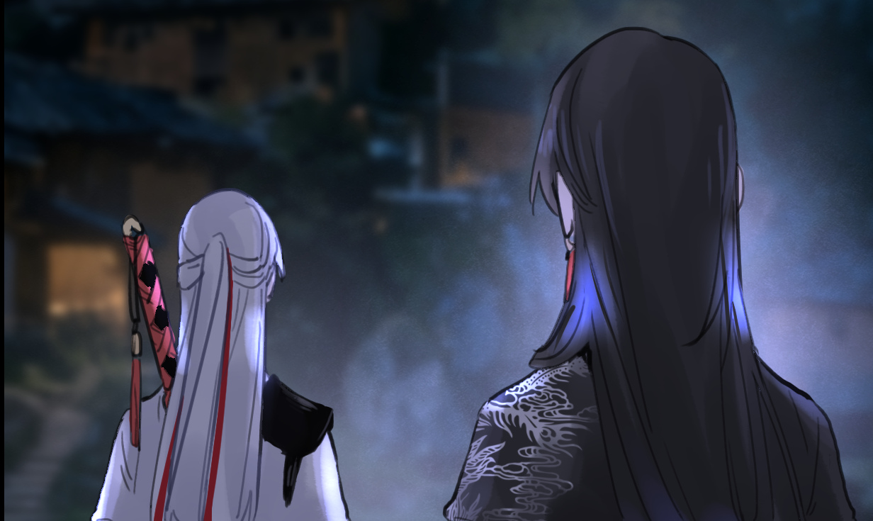 A white-haired shijie looks back at her sleeping shimei beside a bed.