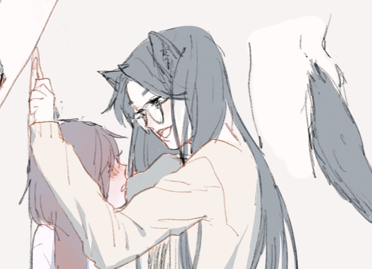 Ban Xia, wolf ears and tail, smiling as Nan Xing hugs her