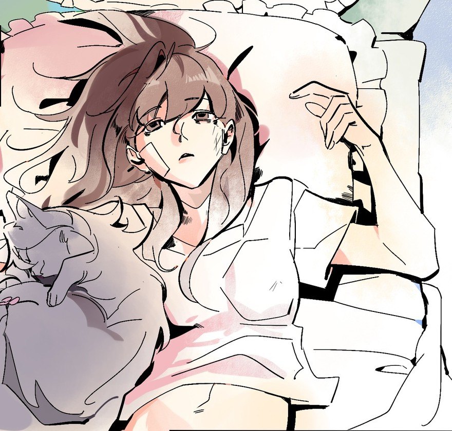 Qiang-yi in bed, the cat curled up on her