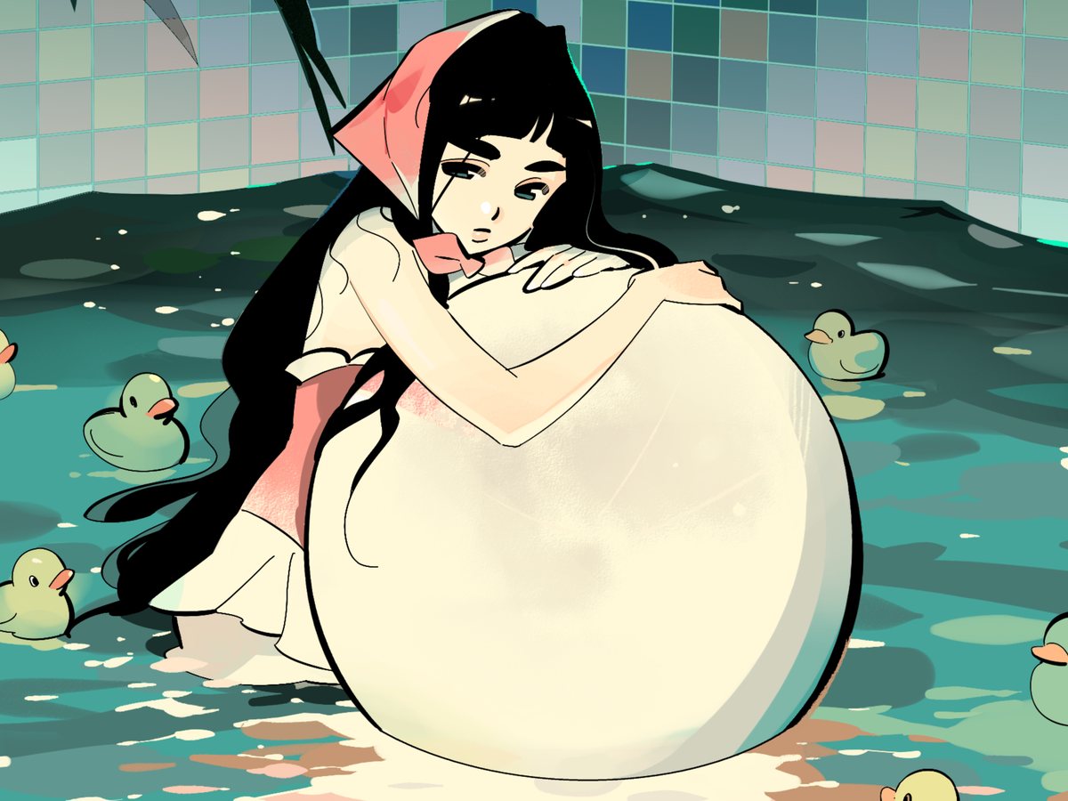 A girl in a headscarf hugging a large pearl in a pool of rubber ducks, color cover of Remaking of the Unforgotten Love Chapter 14