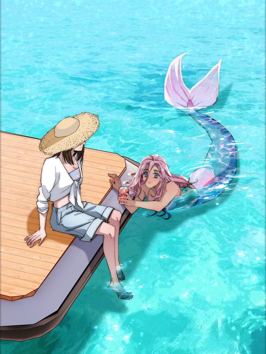 The Mermaid I Met by Getting Fired: a mermaid by the pier hands a Coke up to a girl in a straw hat