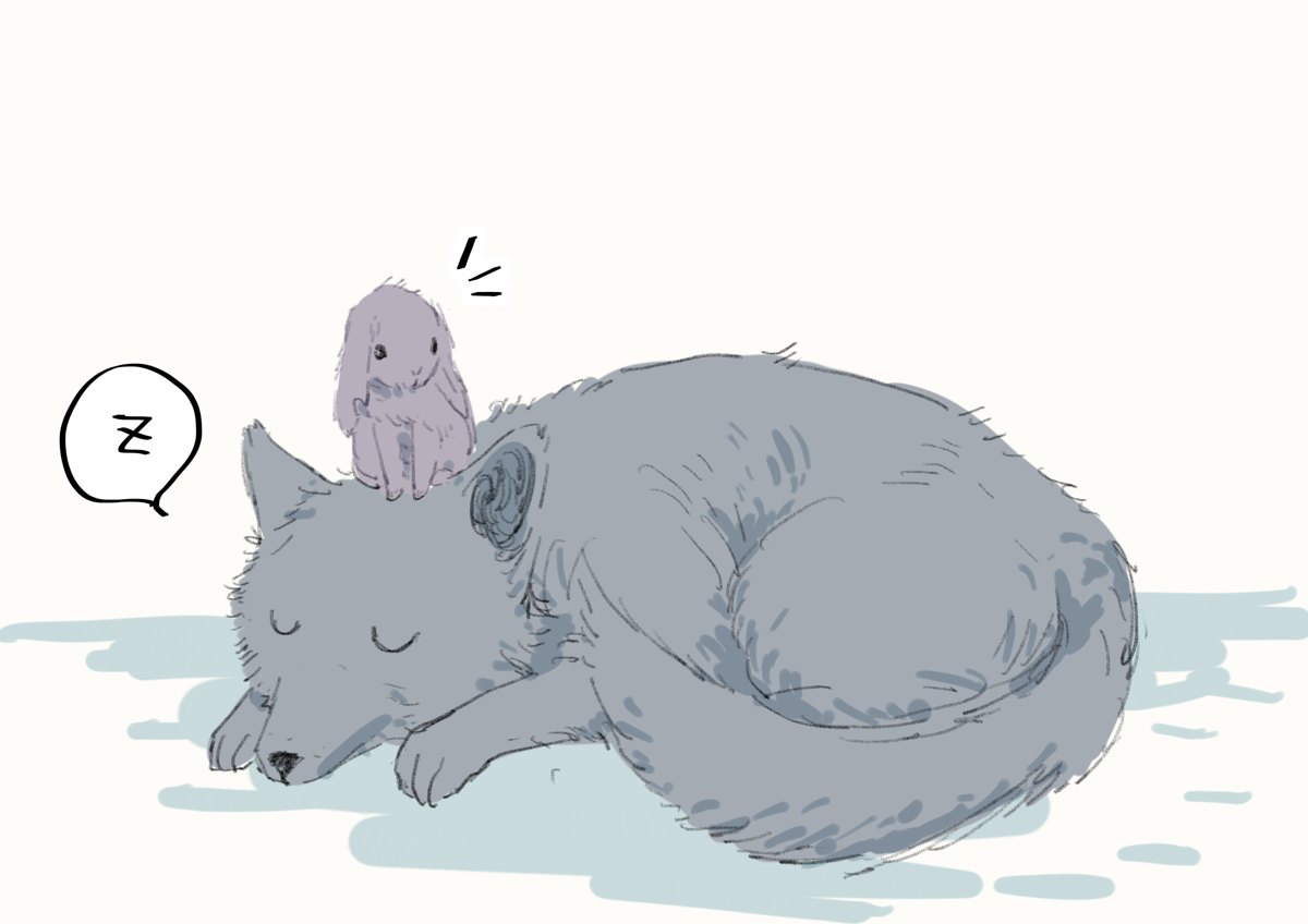 A small rabbit sitting on the head of a sleeping wolf