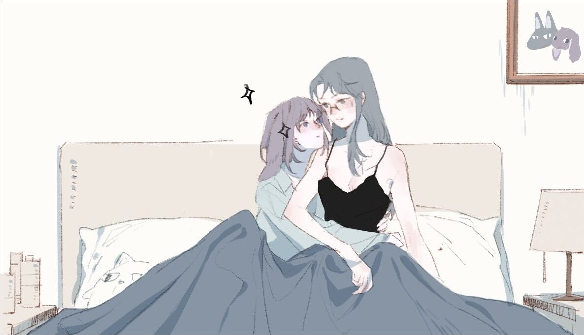 Wolf x Rabbit official English GL manhua panel — Ban Xia and Nan Xing cuddling on the sofa