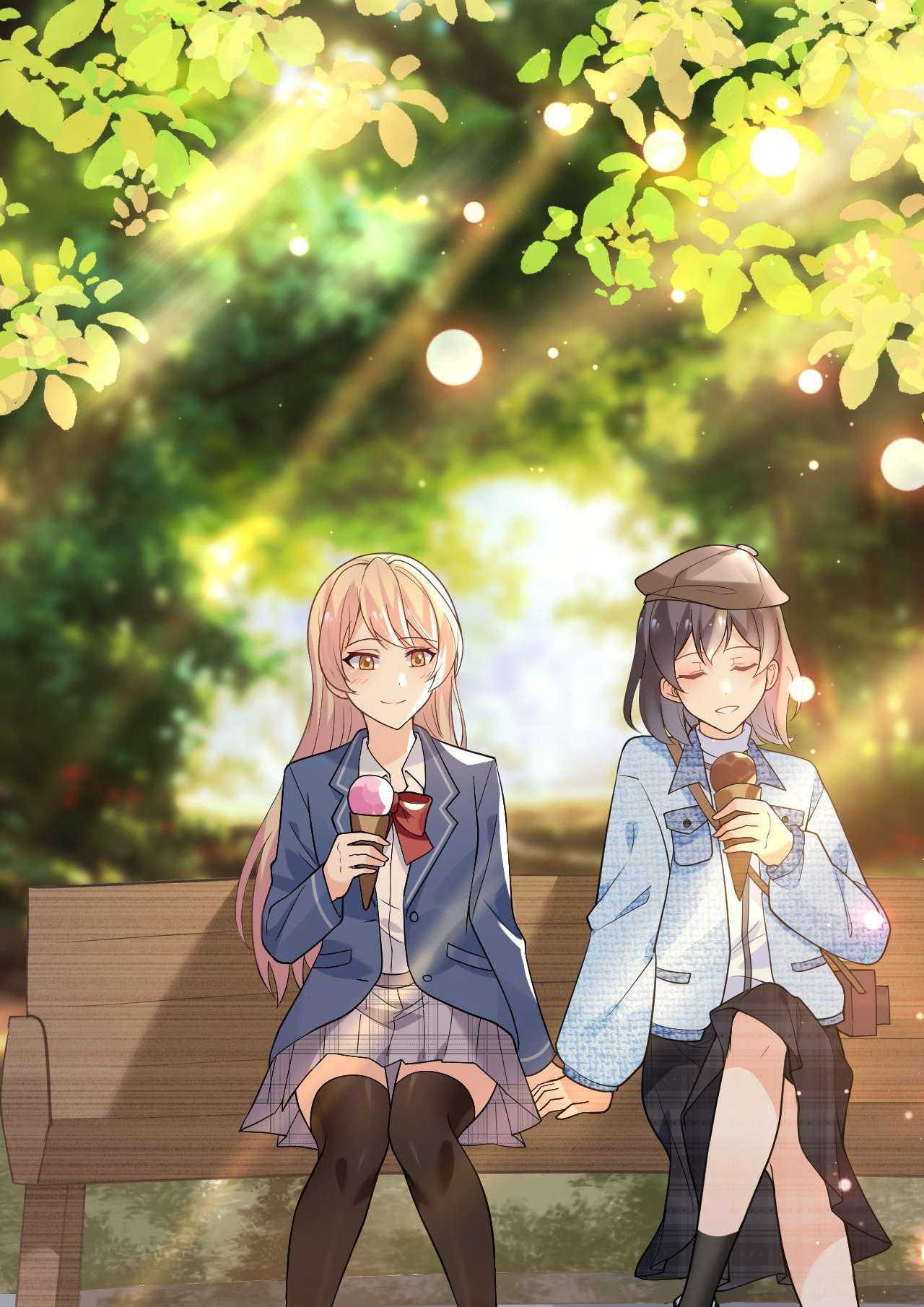 The two eating ice cream on a sunlit bench