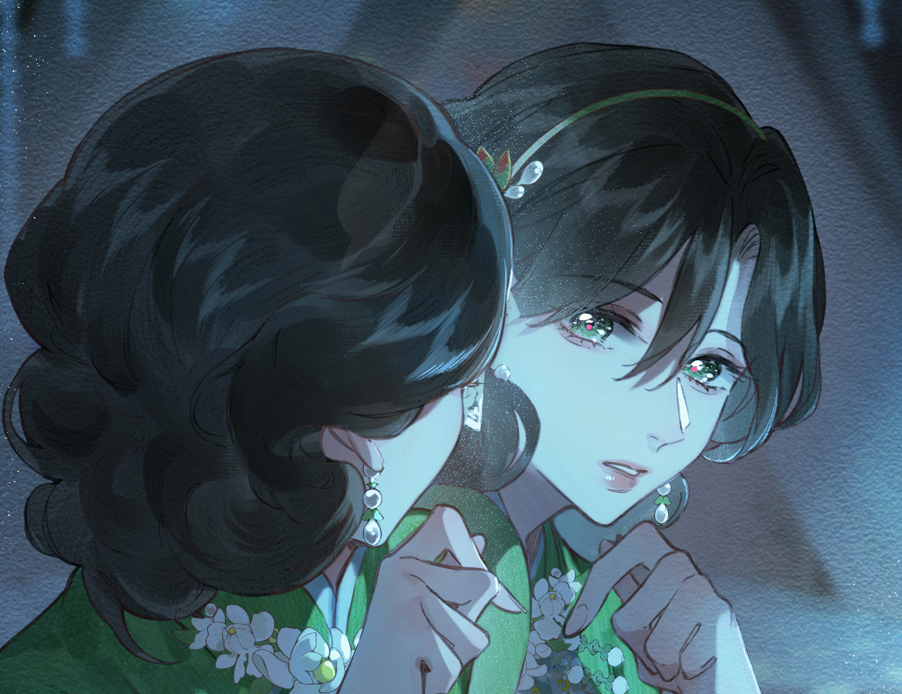 Two women lean close before a mirror