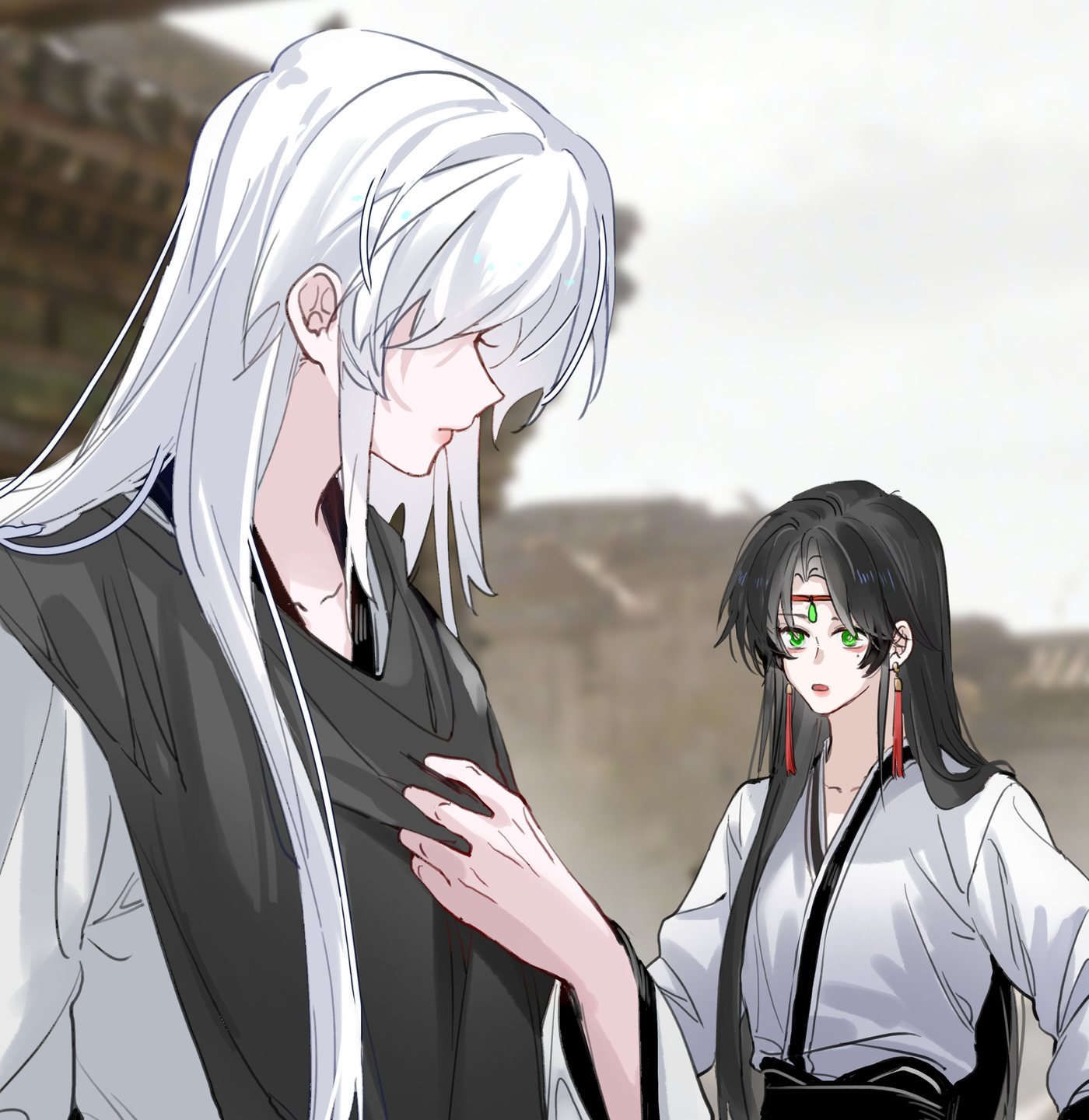 Ji Linxue and Lan Qinghe in robes below an old city wall, Ch. 14 of Have No Fear, Shijie’s Here!