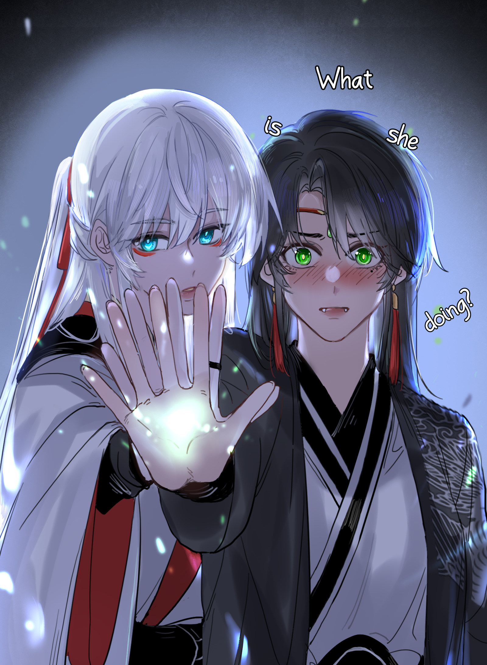 A white-haired shijie raises a glowing hand while her dark-haired shimei looks on.