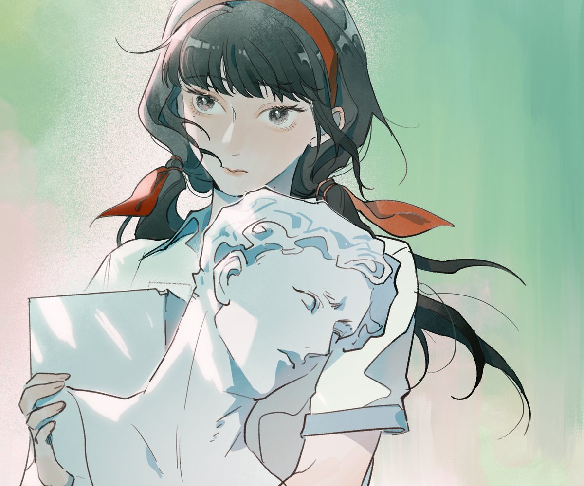 A girl with red hair ribbons holds a plaster bust, Ch. 4 of The Wayward Tenant and Her Pretty Landlady