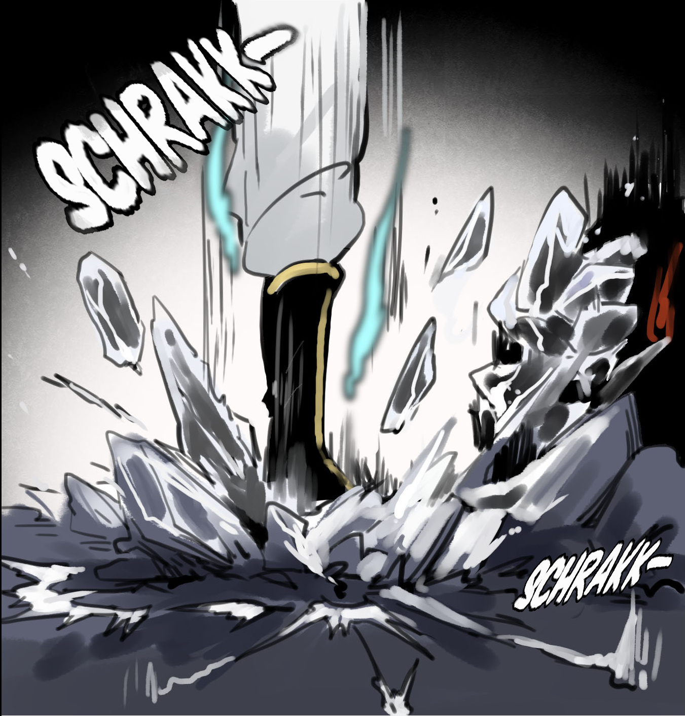A descending foot lands amid a forceful impact and broken ground.