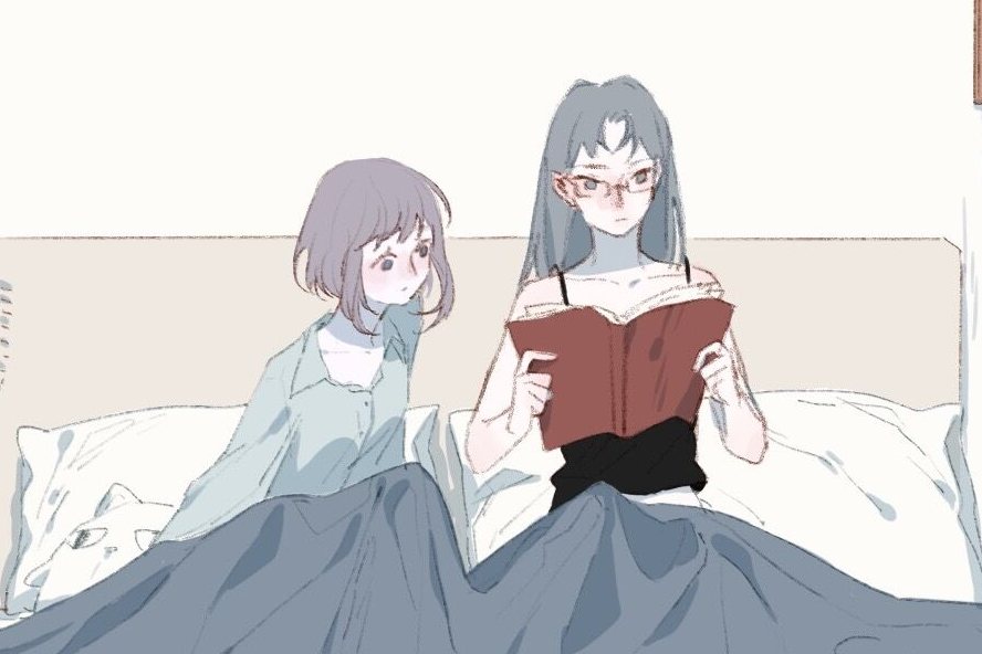 Wolf x Rabbit: Ban Xia reads in bed while Nan Xing peeks over the blanket