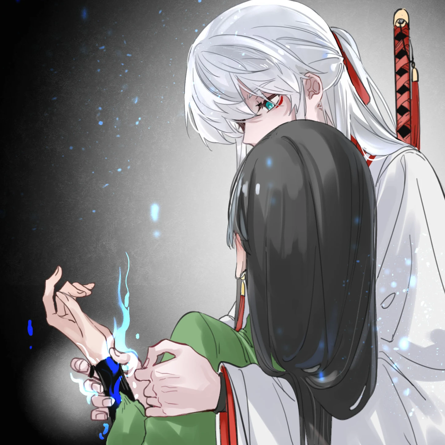 Have No Fear, Shijie’s Here!: Ji Linxue, saber on her back, catches Lan Qinghe’s wrist in a spray of blue light