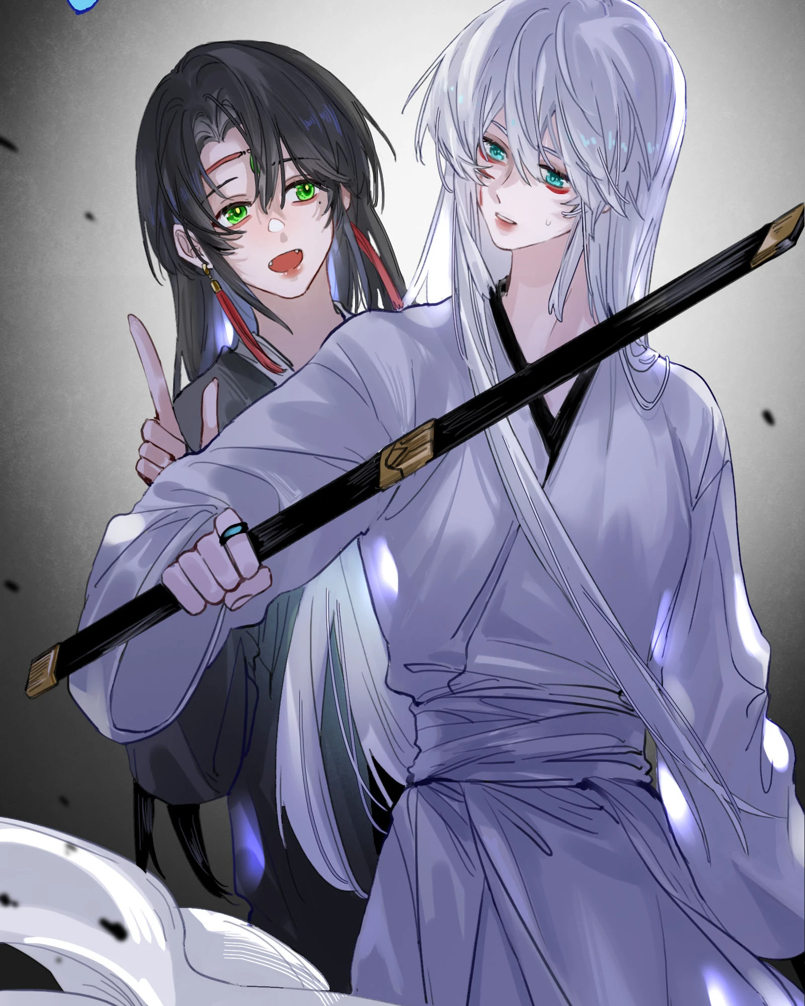 Lan Qinghe laughs, one finger raised, beside Ji Linxue and her saber