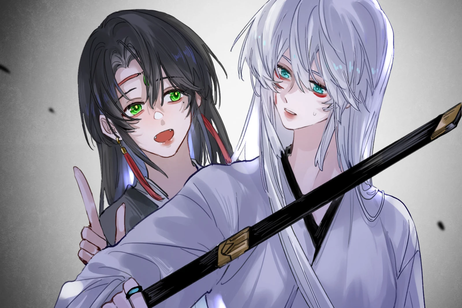 Have No Fear, Shijie's Here!: lan Qinghe laughs and points while Ji Linxue holds up a long black blade