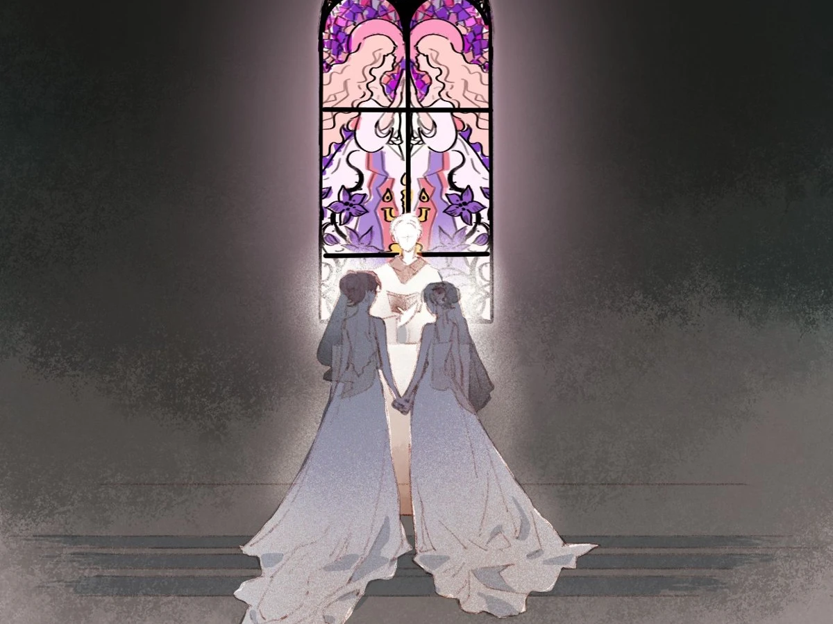 Long as We Have Loved: Two brides hold hands before a stained-glass window
