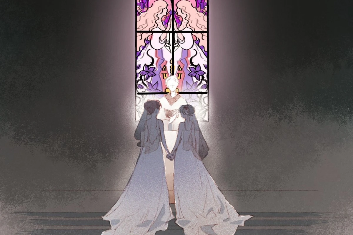 Two brides hand in hand before a stained-glass window